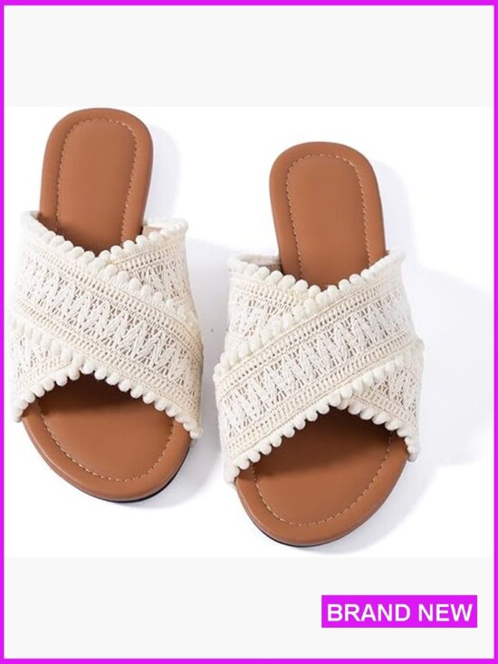 Shoes - Women Crisscross Flat Sandals Woven Macrame Pom Pom Trim Slide Sandals